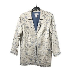VTG Susan Graver Ivory Blue embroidery Floral Linen Blend coat size 1X
